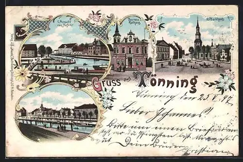 Lithographie Tönning, Ansicht vom Hafen, Rathaus, Marktplatz