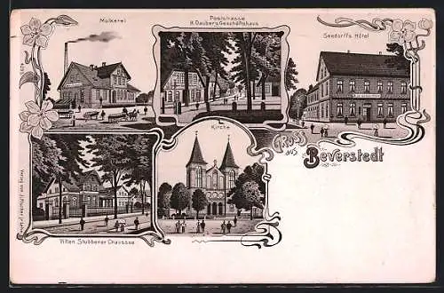 Lithographie Beverstedt, Seedorffs Hotel, Poststrasse, Villen Stubbener Chaussee, Molkerei