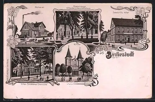 Lithographie Beverstedt, Seedorffs Hotel, Poststrasse mit Geschäftshaus H. Dauber, Molkerei