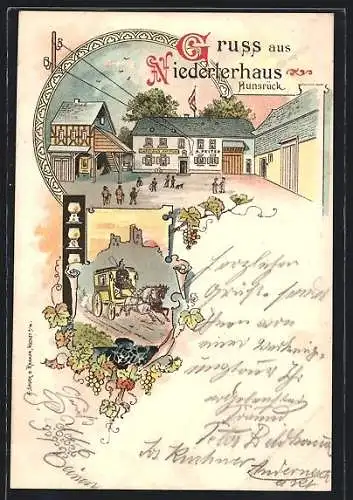 Lithographie Niederterhaus, Gasthaus zur Post, Postkutsche