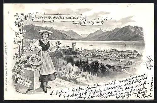AK Vevey, Souvenir del'Exposition 1901, Blick auf die Ortschaft, Frau in Tracht