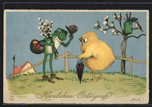 Künstler-AK Fritz Baumgarten: Frosch zieht seinen Hut vor einem Osterküken