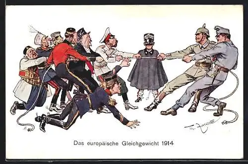 Künstler-AK Th.Zasche: Das europäische Gleichgewicht 1914, Deutschland-Österreich gewinnt Tauziehen gegen den Rest