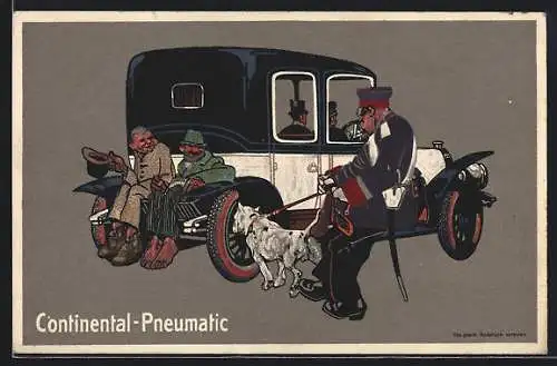 AK Continental-Pneumatic, Gendarm mit Bulldogge unjd Vagabunde auf Auto