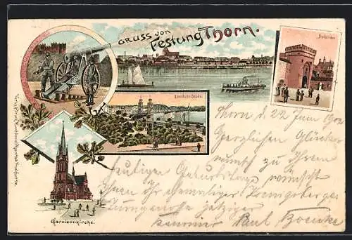 Lithographie Thorn / Torun, Eisenbahn-Brücke, Brückentor, Krieger-Denkmal