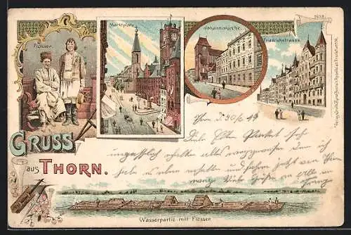 Lithographie Thorn / Torun, Flösser, Marktplatz, Johanniskirche, Friedrichstrasse