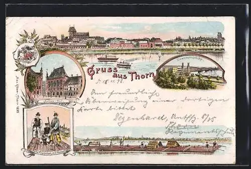 Lithographie Thorn, Gasthof Artus-Hof, Eisenbahnbrücke, Dampfer