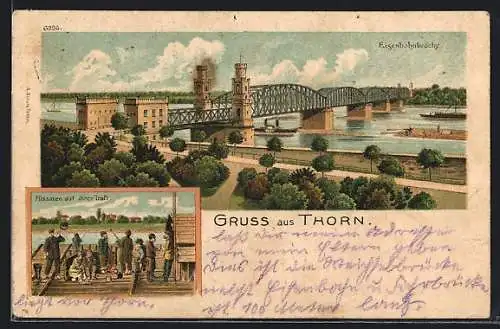 Lithographie Thorn, Eisenbahnbrücke, Flissaken auf ihrer Traft
