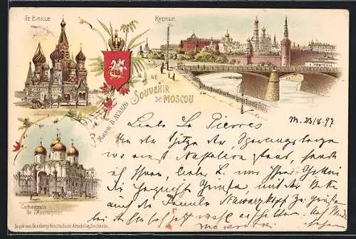Lithographie Moscou, Kremlin, Cathedrale de l`Assumption, St. Basile, Wappen