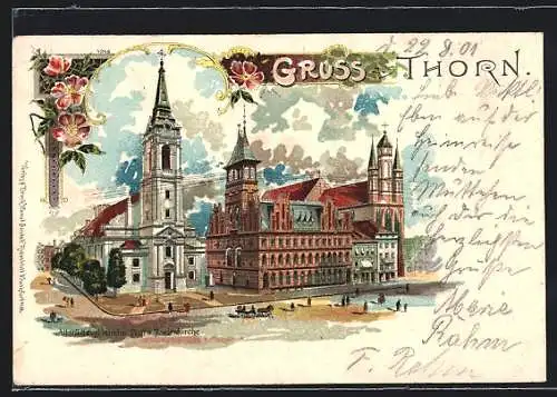 Lithographie Thorn, Altstädter ev. Kirche, Post und Marienkirche mit Strasse