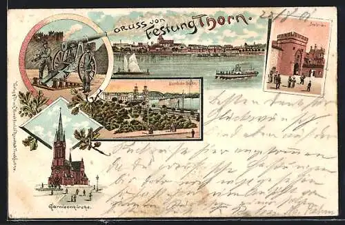 Lithographie Thorn / Torun, Eisenbahn-Brücke, Brückentor, Krieger-Denkmal