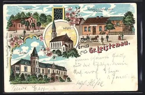 Lithographie Gr. Leistenau, Gasthaus zum dt. Kaiser F. Winkler, Schule, Schloss