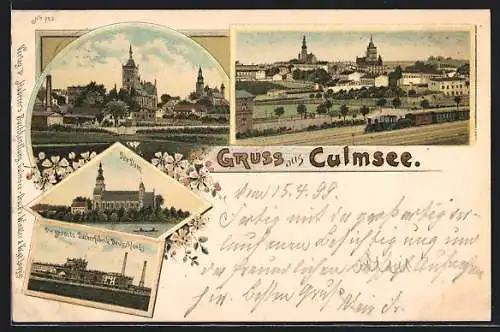 Lithographie Culmsee, Zuckerfabrik, Dom, Ortsansicht mit Eisenbahn