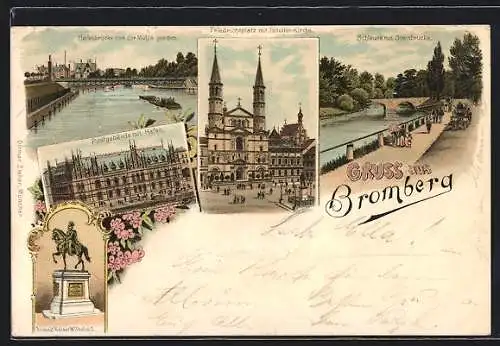 Lithographie Bromberg, Hafenbrücke, Post mit Hafen, Schleuse mit Steinbrücke