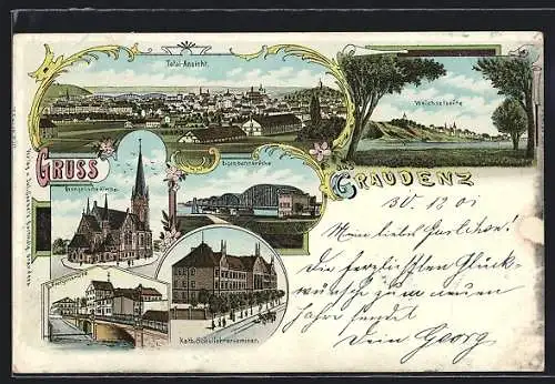 Lithographie Graudenz / Grudziadz, Kath. Schullehrerseminar, Boergenbrücke, Ev. Kirche