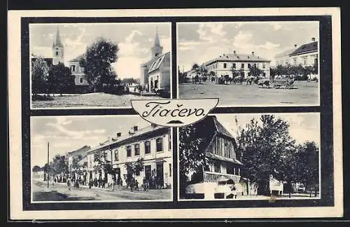 AK Tiacevo, Strassenpartie mit Geschäften, Blick auf zwei Kirchen