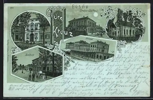 Mondschein-Lithographie Strehses Gasthaus, Bahnhof, Apotheke