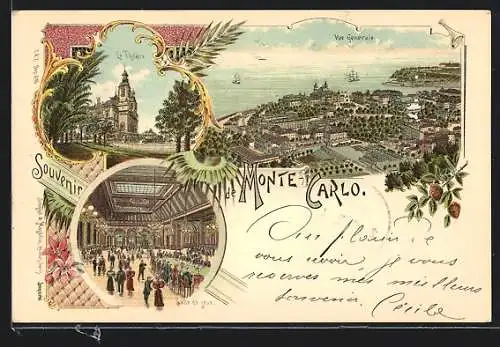 Lithographie Monte Carlo, Salle de jeux, Le Théatre, vue Generale