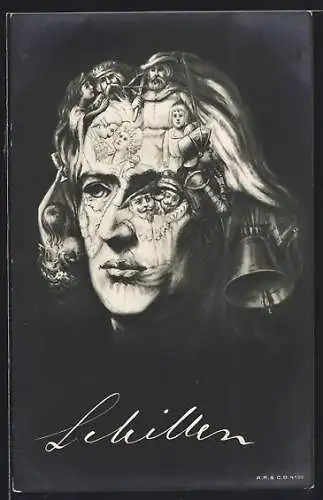 AK Schiller mit Figuren aus seinen Geschichten im Kopf