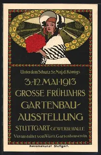 AK Stuttgart, Gartenbau-Ausstellung 1913, Mädchen mit Blumen im Blumenkranz