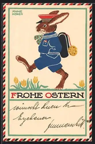 Künstler-AK Meissner & Buch (M&B) Nr.2070 sign. Änne Koken: Frohe Ostern, Hasenjunge geht zur Schule