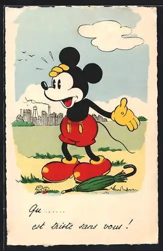 AK Micky Mouse mit Regenschirm ist ganz verzweifelt, Comic