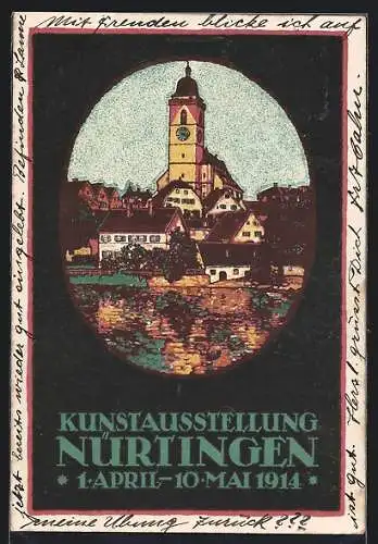 Steindruck-AK Nürtingen, Kunstausstellung 1914, Blick zur Kirche