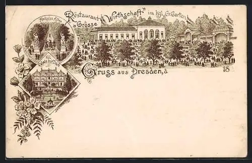 Vorläufer-Lithographie Dresden, 1895, Restaurant Grosse Wirthschaft im kgl. Garten, Herkules Allee