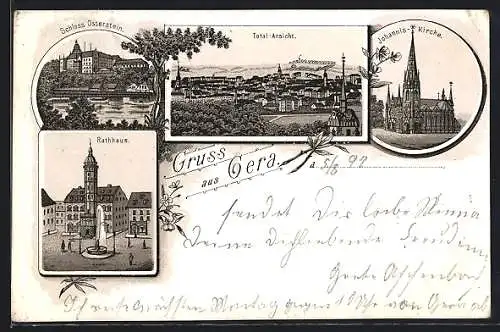 Vorläufer-Lithographie Gera, 1892, Rathaus, Johannis-Kirche, Schloss Osterstein