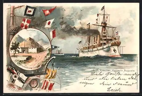 Künstler-AK A. Heide: Kiaotschau, Einfahrt zum Hafen, S. M. Kriegsschiff Kaiserin Augusta des Ostasiengeschwaders