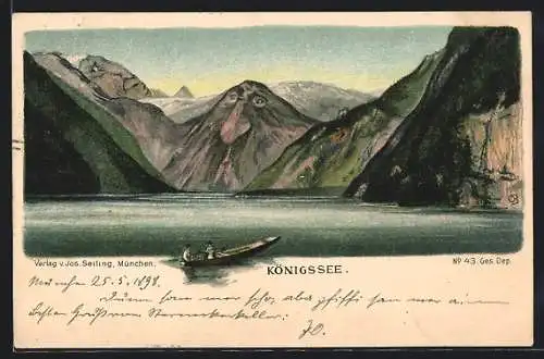 AK Königssee, Berg mit Gesicht / Berggesichter und Boot, Seiling No. 43