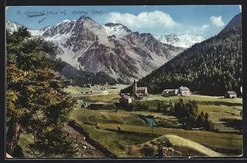 AK St. Gertraud-Sulden, Ortspanorama mit Gebirge