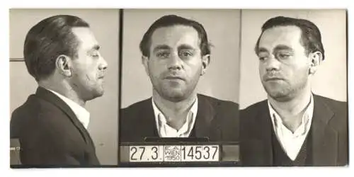 Fotografie Polizeifoto / Mugshot, Mauric Boltich, festgenommen 1950 in Wien, Rückseitig mit seinen Aliassen