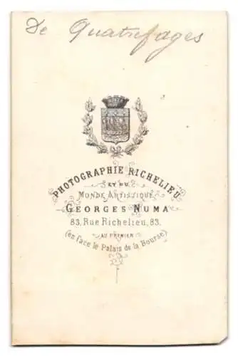 Fotografie Georges Numa, Paris, Portrait Jean Louis Armand de Quatrefages de Bréau, franz. Zoologe und Anthropologe