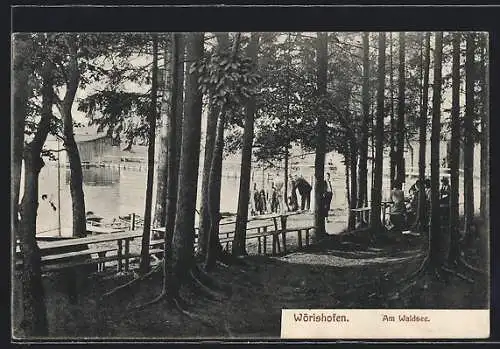 AK Bad Wörishofen, Waldpartie mit Blick auf den Biergarten am Waldsee