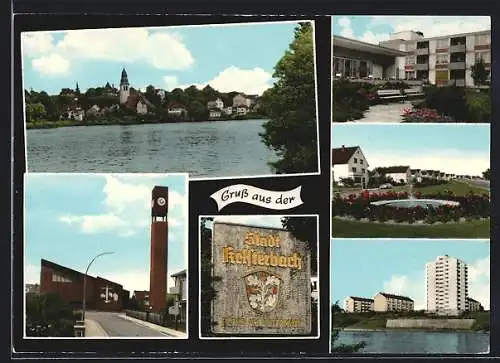 AK Kelsterbach, Ortsansicht, Fontäne, Ortspartien, Wohnhäuser, Ortsschild, Kirche