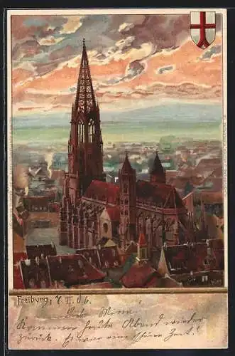 Künstler-AK Heinrich Kley: Freiburg, Blick über die Dächer mit Kirche, Wappen