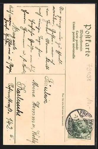 Künstler-AK Heinrich Kley: Freiburg, Blick über die Dächer mit Kirche, Wappen