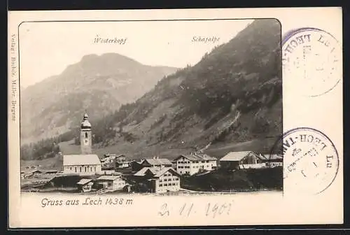 AK Lech, Panorama des Ortes mit Wösterkopf und Schafalpe