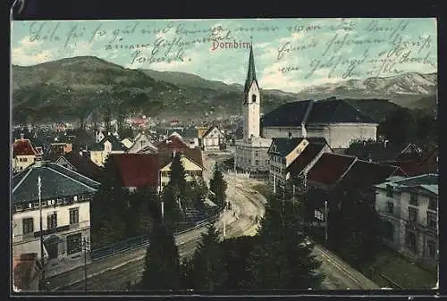 AK Dornbirn, Ortsansicht mit Kirche aus der Vogelschau