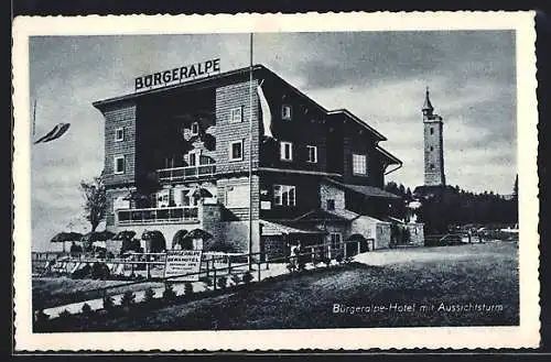 AK Mariazell, Berghotel Bürgeralpe, der Aussichtsturm neben der Hütte