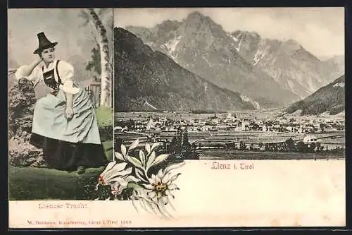 AK Lienz, Frau in Tracht und Bergpanorama