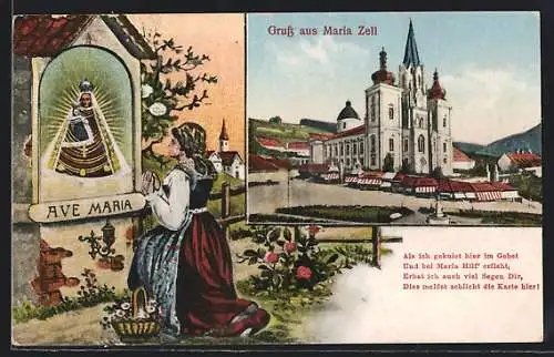 AK Maria Zell, Kirche, betende Frau bei Ave Maria