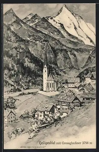 Künstler-AK Heiligenblut /Grossglockner, Ortsansicht mit Grossglockner