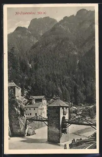 AK Alt-Finstermünz, Teilansicht mit Brücke gegen die Berge