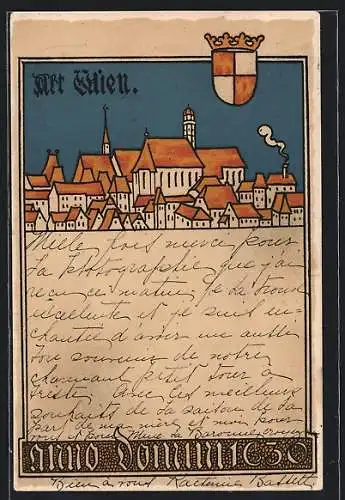 Künstler-AK Alt-Wien, Stadt-Panorama anno domini 1630, Wappen