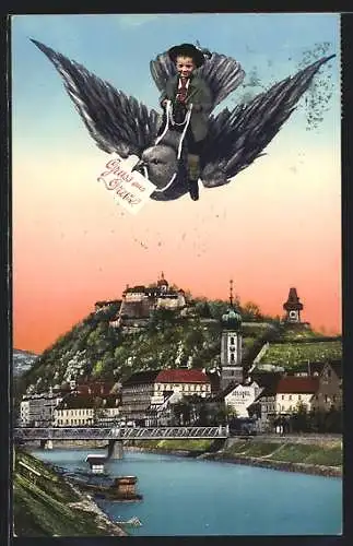 AK Graz, Uferpartie mit der Pfarrkirche, Blick zum Schloss