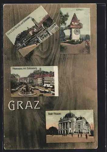 AK Graz, Uhrturm, Franz Carl Brücke und Schlossberg