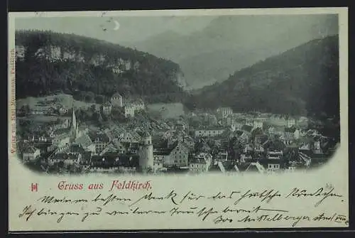 Mondschein-AK Feldkirch, Ortsansicht aus der Vogelschau