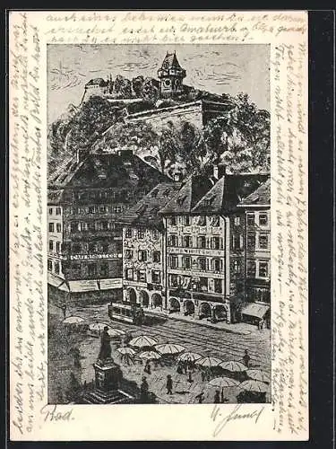 Künstler-AK Graz, Hauptplatz mit Cafe Nordstern und Strassenbahn, Blick zum Uhrturm